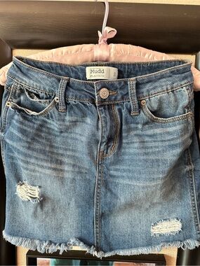 Mudd Women's Light Blue Distressed Denim Mini Skirt